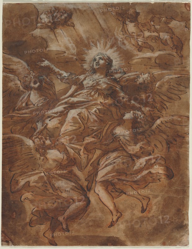 Assumption of the Virgin, 1600s. Italy, 17th century. Pen and brown ink and brush and brown wash over red chalk, heightened with white gouache; incised; sheet: 36.7 x 28.4 cm (14 7/16 x 11 3/16 in.); secondary support: 36.7 x 28.4 cm (14 7/16 x 11 3/16 in.).