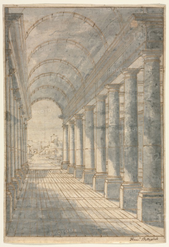 Barrel-vaulted Arcade  Rendered in Perspective, 1700s. Francessco Battaglioli (Italian). Pen and brown ink and brush and blue-grey wash, over graphite (ruled in places); framing lines in brown ink; sheet: 36 x 24.7 cm (14 3/16 x 9 3/4 in.); image: 34.8 x 24 cm (13 11/16 x 9 7/16 in.).