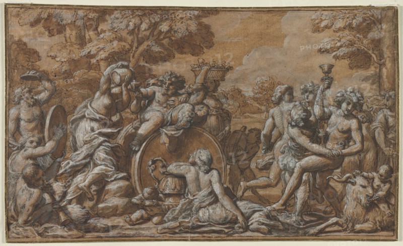 Bacchanal, 1600s. Circle of Pietro da Cortona (Italian, 1596-1669). Pen and brown ink and brush and brown wash over black chalk, heightened with white gouache; incised, framing lines in brown ink over traces of black chalk; sheet: 26.3 x 43.5 cm (10 3/8 x 17 1/8 in.); image: 25.4 x 42.7 cm (10 x 16 13/16 in.); secondary support: 26.3 x 43.5 cm (10 3/8 x 17 1/8 in.).