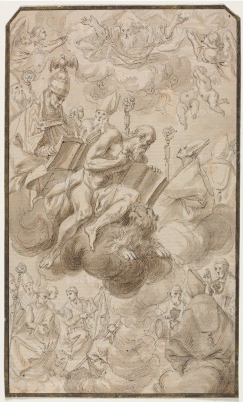 Ascension of Saint Jerome, 1600s. Karel Skréta (Czech, 1610-1674). Pen and brown ink, graphite and brush and brown wash; framing lines in black ink; sheet: 27.9 x 16.7 cm (11 x 6 9/16 in.).