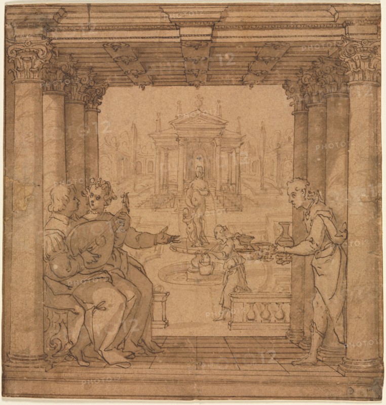 Illustration from Torquato Tasso's Gerusalemme Liberata, 1586-1590. Bernardo Castello (Italian, 1557-1629). Pen and brown ink and brush and brown wash with traces of graphite; framing lines in brown ink; sheet: 21.3 x 20.5 cm (8 3/8 x 8 1/16 in.); secondary support: 21.3 x 20.5 cm (8 3/8 x 8 1/16 in.).