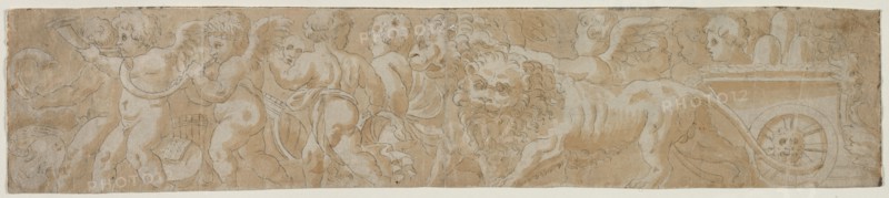 Chariot Drawn by Lions with Amorini, first half 1500s. Italy, 16th century. Pen and brown ink and brush and brown wash over black chalk; framing lines in brown ink; sheet: 9 x 42.4 cm (3 9/16 x 16 11/16 in.).