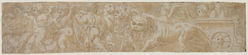 Chariot Drawn by Lions with Amorini (recto) Partial Architectural Study (verso) , first half 1500s. Italy, 16th century. Pen and brown ink and brush and brown wash over black chalk; framing lines in brown ink; sheet: 9 x 42.4 cm (3 9/16 x 16 11/16 in.).