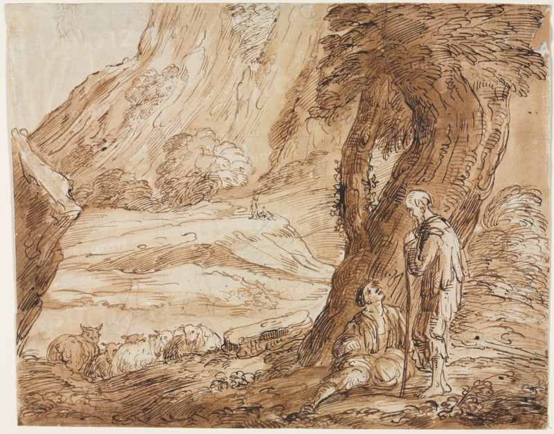 Landscape with Sheep and Two Shepherds, first half 19th century?. Thomas Barker (British, 1769-1847). Pen and brown ink and brush and brown wash with graphite; squared in graphite; sheet: 24.1 x 30.9 cm (9 1/2 x 12 3/16 in.).