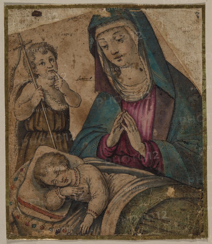Virgin and Child with Saint John (recto) Unidentifiable (verso) , 1500s. Italy, 16th century. Pen and black ink and brush and brown wash and blue, green, red and red-purple gouache; sheet: 17.6 x 15 cm (6 15/16 x 5 7/8 in.); secondary support: 18.2 x 15.6 cm (7 3/16 x 6 1/8 in.); tertiary support: 18.2 x 15.6 cm (7 3/16 x 6 1/8 in.); quadratic support: 24.8 x 20.9 cm (9 3/4 x 8 1/4 in.).