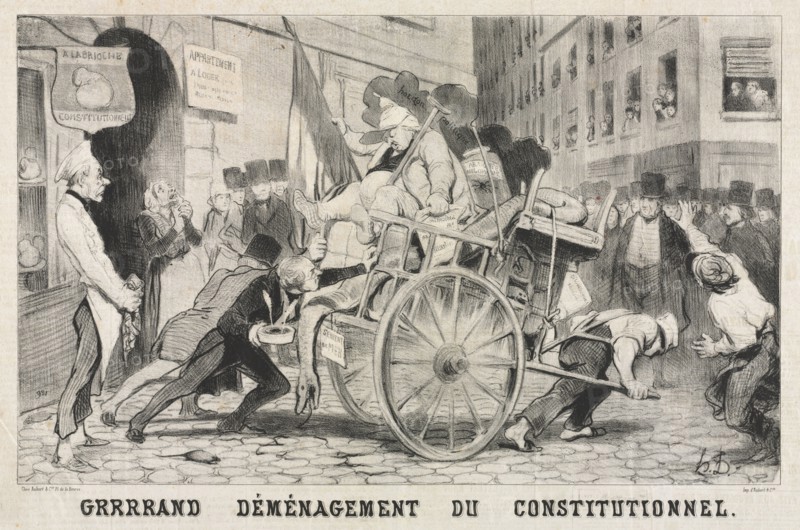 Published in Le Charivari, June 8, 1846 : Great Removal of the Constitutional Establishment, 1846. Honoré Daumier (French, 1808-1879), Aubert. Lithograph; sheet: 36.3 x 51 cm (14 5/16 x 20 1/16 in.); image: 26.7 x 43.5 cm (10 1/2 x 17 1/8 in.)