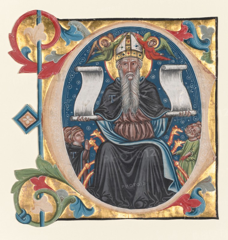 Initial C Excised from a Choral Book: St. Anthony with Antonite Friars, c. 1400-1440. Italy, Venice, 15th century. Ink, tempera, and gold on vellum; sheet: 18.5 x 17.5 cm (7 5/16 x 6 7/8 in.)
