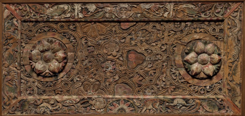 Ornamental Panel (from a Ceiling?), 500s (frame) and 700s (central panel). Egyptian, Coptic, 4th-5th century. Wood with paint; average: 70.6 x 144.2 cm (27 13/16 x 56 3/4 in.).