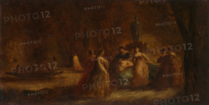 A Woodland Fête, c. 1853-1857 or c. 1862. Adolphe Monticelli (French, 1824-1886). Oil on fabric; framed: 74 x 123.5 x 8 cm (29 1/8 x 48 5/8 x 3 1/8 in.); unframed: 52 x 101.6 cm (20 1/2 x 40 in.)