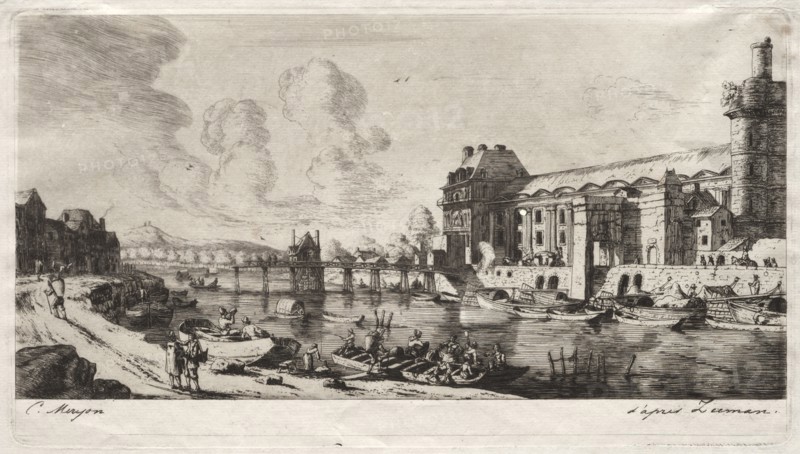 The Pavillon de Mademoiselle and part of the Louvre, 1849. Charles Meryon (French, 1821-1868). Etching