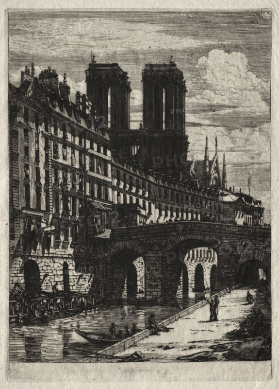Etchings of Paris:  The Little Bridge, 1850. Charles Meryon (French, 1821-1868). Etching and engraving; sheet: 36.7 x 26.9 cm (14 7/16 x 10 9/16 in.); platemark: 26 x 18.7 cm (10 1/4 x 7 3/8 in.)