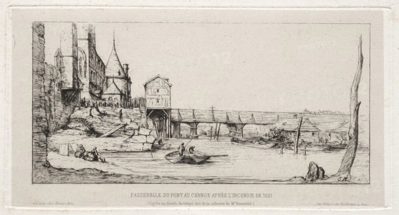Footbridge Temporarily Replacing the Exchange Bridge,Paris, after the fire of 1621, 1860. Charles Meryon (French, 1821-1868). Etching