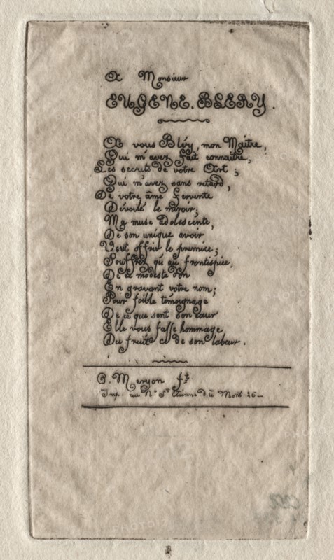 Verses to Eugène Bléry, 1854. Charles Meryon (French, 1821-1868). Etching