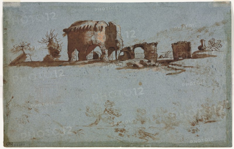 Small Group of Roman Ruins, c. 1650. Italy, 17th century. Pen and brown ink and brush and brown wash with red chalk, heightened with white and orange gouache; sheet: 16.7 x 26 cm (6 9/16 x 10 1/4 in.).