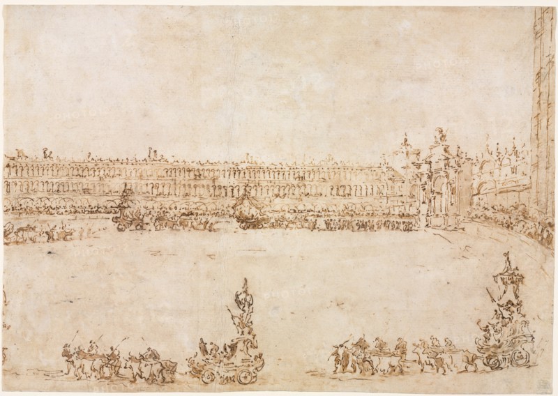A Procession of Triumphal Cars in the Piazza San Marco, Venice, Celebrating the Visit of the Conti del Nord (recto) Three Sketches of Arches (verso), 1782. Francesco Guardi (Italian, 1712-1793). Pen and brown ink with brush and brown wash; sheet: 25.9 x 36.8 cm (10 3/16 x 14 1/2 in.).