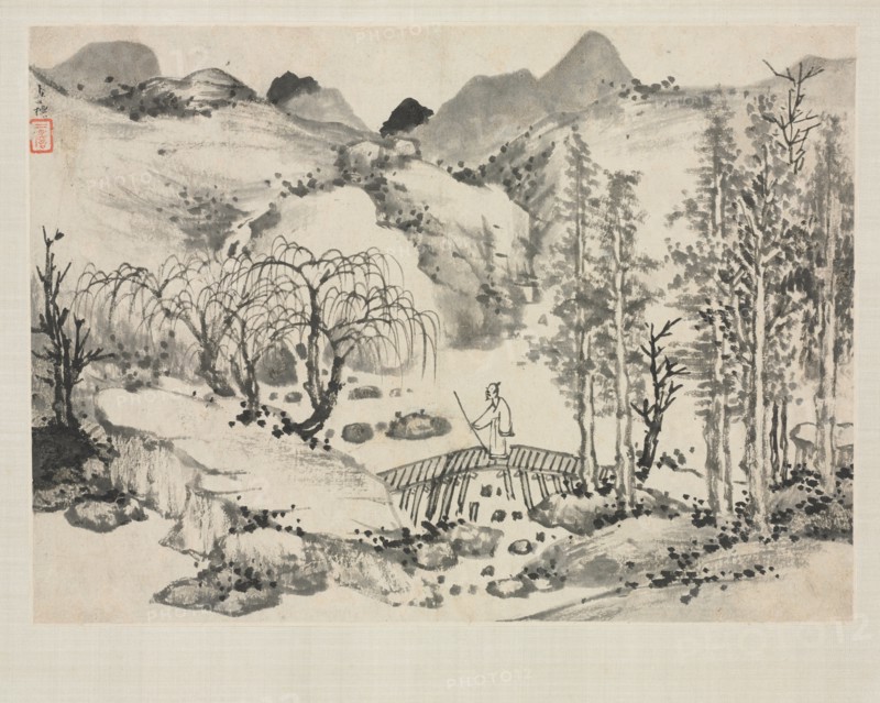 Landscape Album in Various Styles: Landscape with Artist on a Bridge, 1684. Zha Shibiao (Chinese, 1615-1698). Album leaf, ink and light color on paper; overall: 29.9 x 39.4 cm (11 3/4 x 15 1/2 in.).