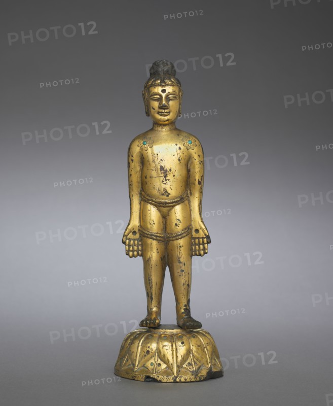 The New-born Buddha, 400s. China, Northern Wei dynasty (386-534). Gilt bronze with inlays of blue glass and turquoise; overall: 19.4 cm (7 5/8 in.); diameter of base: 6.8 cm (2 11/16 in.); base: 3.1 cm (1 1/4 in.)