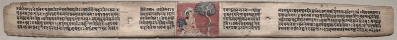 Leaf from Gandavyuha: Sudhana Addresses a Bird, from Chapter 1, Verse 47 (recto); Leaf from Gandavyuha: text,  from Chapter 1, Verse 47 (verso), 1000-1100s. Eastern India, Pala period. Ink and color on palm leaves; average: 4.2 x 52.4 cm (1 5/8 x 20 5/8 in.).