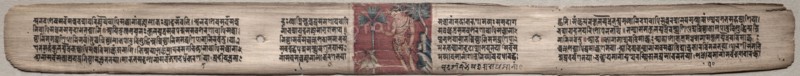 Leaf from Gandavyuha: Sudhana Addresses a Buck, from Chapter 10 Asha (recto); Leaf from Gandavyuha: text, from Chapter 10 Asha (verso), 1000-1100s. Ink and color on palm leaves; average: 4.2 x 52.4 cm (1 5/8 x 20 5/8 in.).