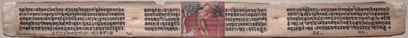 Leaf from Gandavyuha: Sudhana in a Landscape, from Chapter 22 Achala (recto), 1000-1100s. Eastern India, Pala period. Ink and color on palm leaves; average: 4.2 x 52.4 cm (1 5/8 x 20 5/8 in.).