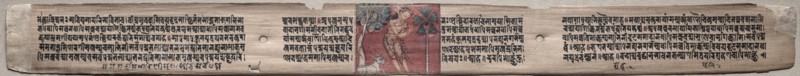 Leaf from Gandavyuha: Sudhana in a Landscape, from Chapter 22 Achala (recto); Leaf from Gandavyuha: text, from Chapter 22 Achala (verso), 1000-1100s. Ink and color on palm leaves; average: 4.2 x 52.4 cm (1 5/8 x 20 5/8 in.).