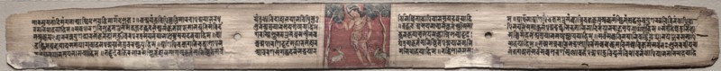 Leaf from Gandavyuha: Sudhana and Two Deer, from Chapter 3 Kalyanamitra Manjushri (recto); Leaf from Gandavyuha: text, from Chapter 3 Kalyanamitra Manjushri (verso), 1000-1100s. Ink and color on palm leaves; average: 4.2 x 52.4 cm (1 5/8 x 20 5/8 in.).
