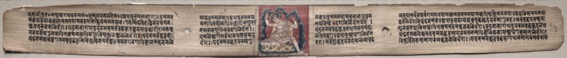 Leaf from Gandavyuha: The Bodhisattva Samantabhadra, from Chapter 2 (recto); Leaf from Gandavyuha: text, from Chapter 2 (verso), 1000-1100s. Ink and color on palm leaves; average: 4.2 x 52.4 cm (1 5/8 x 20 5/8 in.).