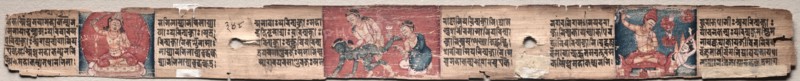 Leaf from Gandavyuha: Sudhana Battles a Demon with a Kneeling Monk, Manjushri, and Vajrapani, from Chapter 55 (verso), 1000-1100s. Ink and color on palm leaves; average: 4.2 x 52.4 cm (1 5/8 x 20 5/8 in.).