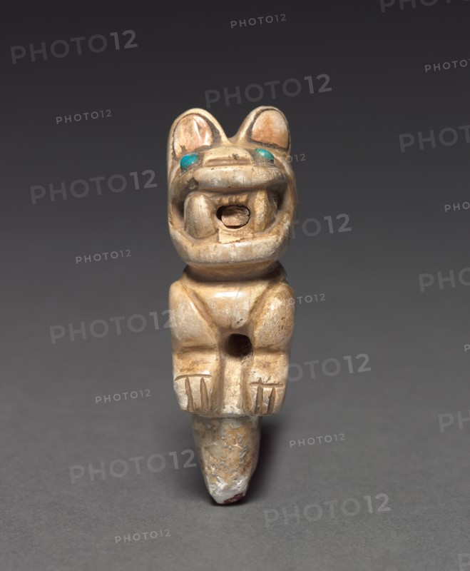 Crouching Feline, c. 500-900. Peru, Wari (?), 6th-10th Century. Stone, turquoise; diameter: 4 cm (1 9/16 in.); overall: 7 x 2.3 cm (2 3/4 x 7/8 in.).