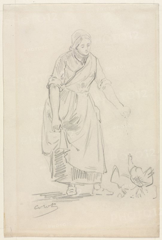 Peasant Girl Feeding Chickens, 1800s(?). Jean Baptiste Camille Corot (French, 1796-1875). Graphite; sheet: 29.3 x 19.7 cm (11 9/16 x 7 3/4 in.).