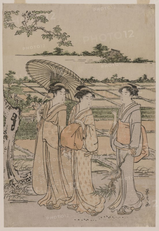 Three Women Strolling in the Countryside, mid 1780s. Chobunsai Eishi (Japanese, 1756-1829). Wood engraving; sheet: 38 x 26 cm (14 15/16 x 10 1/4 in.).