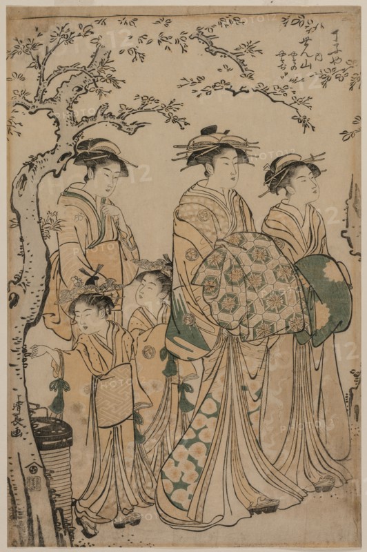 The Courtesan Senzan of Chojiya Strolling with her Kamuro Yasono and Yasoji and Two Shinzo, 1786. Torii Kiyonaga (Japanese, 1752-1815). Color woodblock print; sheet: 38.2 x 25.2 cm (15 1/16 x 9 15/16 in.).