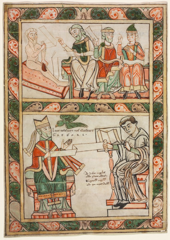 Title Page of St. Gregory's "Moralia": Job Visited by His Three Friends (above) and Gregory the Great and His Deacon Peter (below), c. 1143-1178. Probably by Abbot Frowin (Swiss). Ink, tempera, and gold on vellum; sheet: 27.3 x 19 cm (10 3/4 x 7 1/2 in.); framed: 52.4 x 39.7 cm (20 5/8 x 15 5/8 in.); matted: 48.9 x 36.2 cm (19 1/4 x 14 1/4 in.).