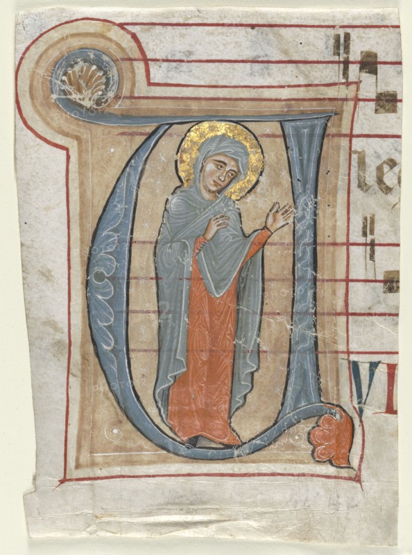 Fragment from a Gradual with Historiated Initial (V): The Virgin Mary, c. 1250-1275. Italy, Campania(?), 13th century. Ink, tempera, and gold on parchment; sheet: 16.1 x 11.4 cm (6 5/16 x 4 1/2 in.)