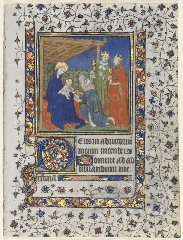 Bifolio from a Book of Hours: Adoration of the Magi, c. 1415. Workshop of Boucicaut Master (French, Paris, active about 1410-25). Ink, tempera, and gold on vellum; folio: 16.8 x 12.7 cm (6 5/8 x 5 in.)