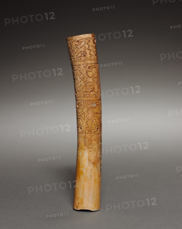Ear Ornament, 200-550. Peru, Moche, 3rd-6th century. Incised bone; overall: 13 x 2 cm (5 1/8 x 13/16 in.).