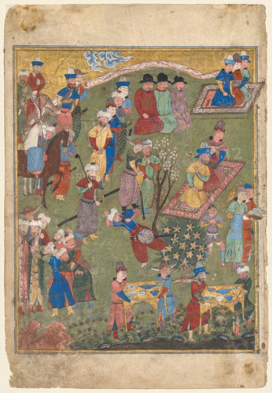 Royal Feast in a Garden, left folio from the double-page frontispiece of a Shahnama (Book of Kings) of Firdausi (940–1019 or 1025), c. 1440. Iran, Shiraz, Timurid period (1370-1501). Opaque watercolor, ink, gold and silver on paper; recto image: 26.1 x 20.7 cm (10 1/4 x 8 1/8 in.); overall: 32.7 x 22 cm (12 7/8 x 8 11/16 in.).