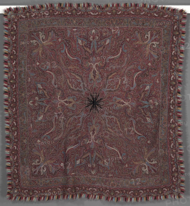 Shawl, 1870s - 1880s. India, Kashmir, late 19th century. Embroidery, large pieced areas: wool; overall: 179.7 x 193 cm (70 3/4 x 76 in.)