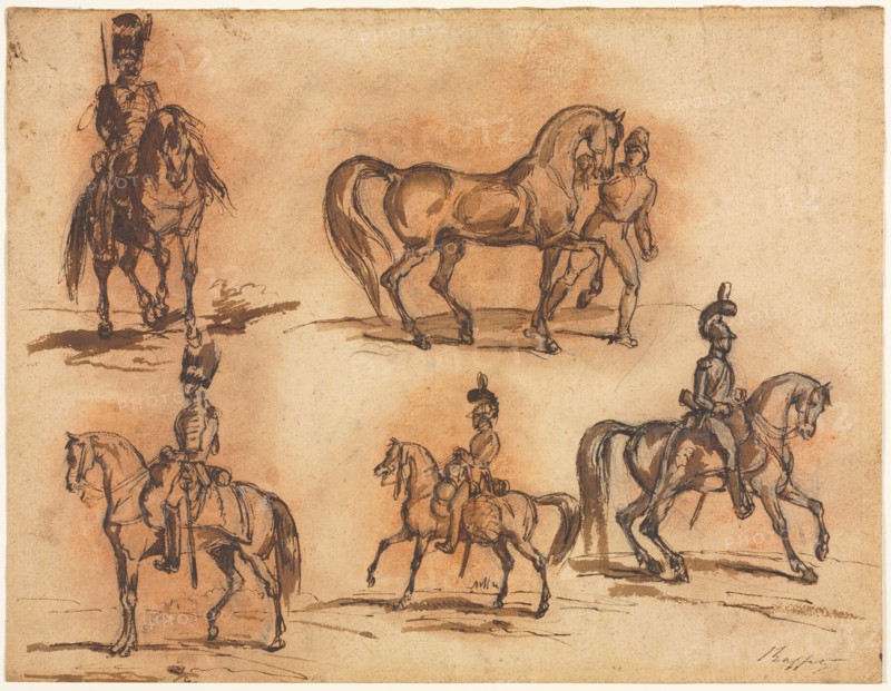 Five Equestrian Studies: Cavalrymen, mid 19th century. Auguste Raffet (French, 1804-1860). Pen and brown ink and brush and brown wash over graphite, with red chalk wash; sheet: 23.5 x 30.5 cm (9 1/4 x 12 in.).