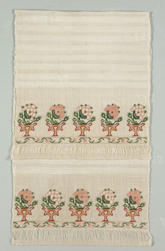 Embroidered Towel, 19th century. Turkey, 19th century. Embroidery: silk thread and tinsel pushed through fabric, bent and pressed into place, on linen tabby ground; average: 129 x 49.9 cm (50 13/16 x 19 5/8 in.)