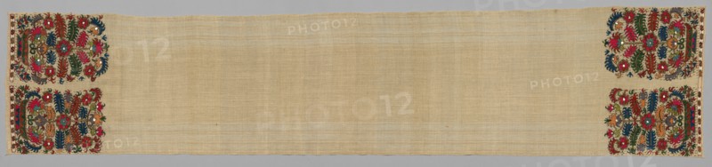 Towel, 1700s. Greece, Sporades Islands, Skyros, 18th century. Embroidery in silk, gold and silver threads on natural linen ground; overall: 214.6 x 49.5 cm (84 1/2 x 19 1/2 in.)