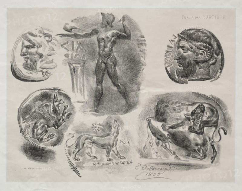 Sheet with Six Antique Medals, 1825. Eugène Delacroix (French, 1798-1863), Bertauts. Lithograph with beige tint stone; sheet: 27.5 x 36 cm (10 13/16 x 14 3/16 in.); image: 20 x 25.8 cm (7 7/8 x 10 3/16 in.)
