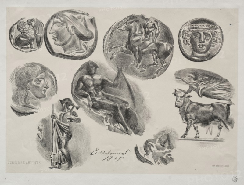 Sheet with Nine Antique Medals, 1825. Eugène Delacroix (French, 1798-1863), L'Artiste. Lithograph with beige tint stone; sheet: 26.8 x 36.2 cm (10 9/16 x 14 1/4 in.); image: 22.2 x 31 cm (8 3/4 x 12 3/16 in.)