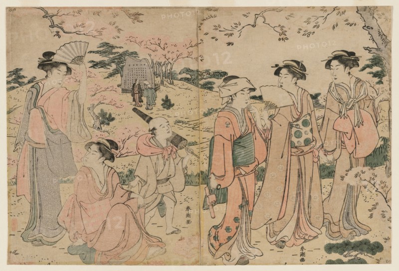 Women Viewing Cherry Blossoms at Asukayama, 1780s. Katsukawa Shuncho (Japanese). Color woodblock print; overall: 25.5 x 20.2 cm (10 1/16 x 7 15/16 in.).