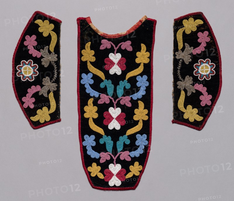 Placket and Cuffs, late 1800s. Northeast Woodlands, Great Lakes Region, Anishinaabe (Ojibwe) or Nehiyawak (Cree) People?. Velvet, cotton; overall: 19.2 cm (7 9/16 in.); average: 12.5 x 30 cm (4 15/16 x 11 13/16 in.)