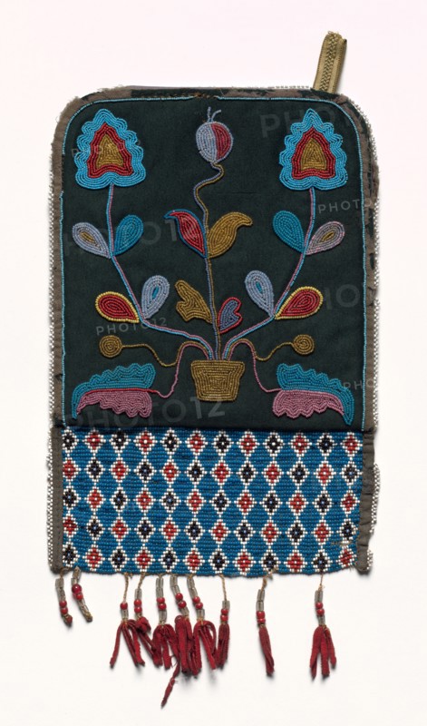 Bag, 1850-1900. Plains or Northeastern Woodlands, Nehiyawak (Cree) or Metis People. Beadwork on cloth; overall: 30.5 x 20.4 cm (12 x 8 1/16 in.)
