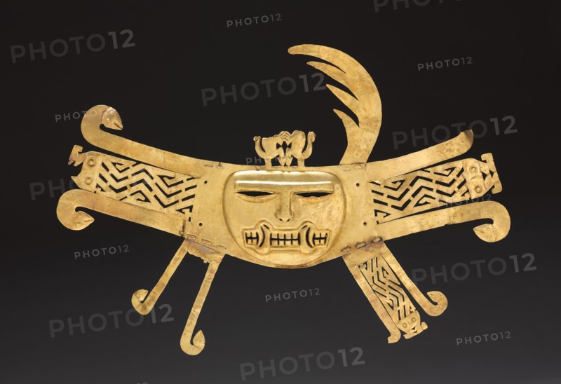 Mask Ornament, 1-550. Peru, Moche or Recuay, 1st-6th Century. Cut and hammered gold; overall: 27.4 x 38.8 cm (10 13/16 x 15 1/4 in.).