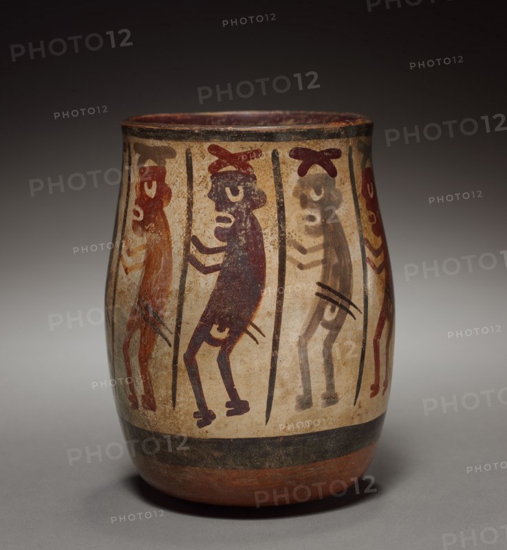 Vase with Procession of Warriors, c. 350-600. Peru, South Coast, Nasca, 4th-7th Century. Earthenware with colored slips; diameter: 15 x 11.4 cm (5 7/8 x 4 1/2 in.); overall: 15 cm (5 7/8 in.).
