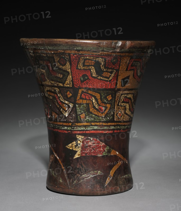 Kero (Waisted Cup), after 1550. Peru, Colonial Inka style, 16th century. Wood, inlaid pigments; diameter of mouth: 17.8 x 16 cm (7 x 6 5/16 in.); overall: 17.8 cm (7 in.).