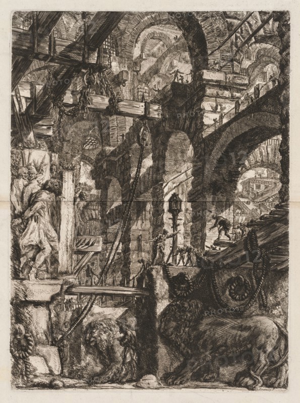 The Prisons:  A Perspective of Roman Arches, with Two Lions Carved in Relief on Stone Slabs in the Foreground, 1745-50. Giovanni Battista Piranesi (Italian, 1720-1778). Etching
